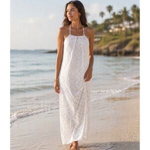 Roxy White Crochet Geometric Lace Halter Maxi Dress Swim Coverup Resort wear